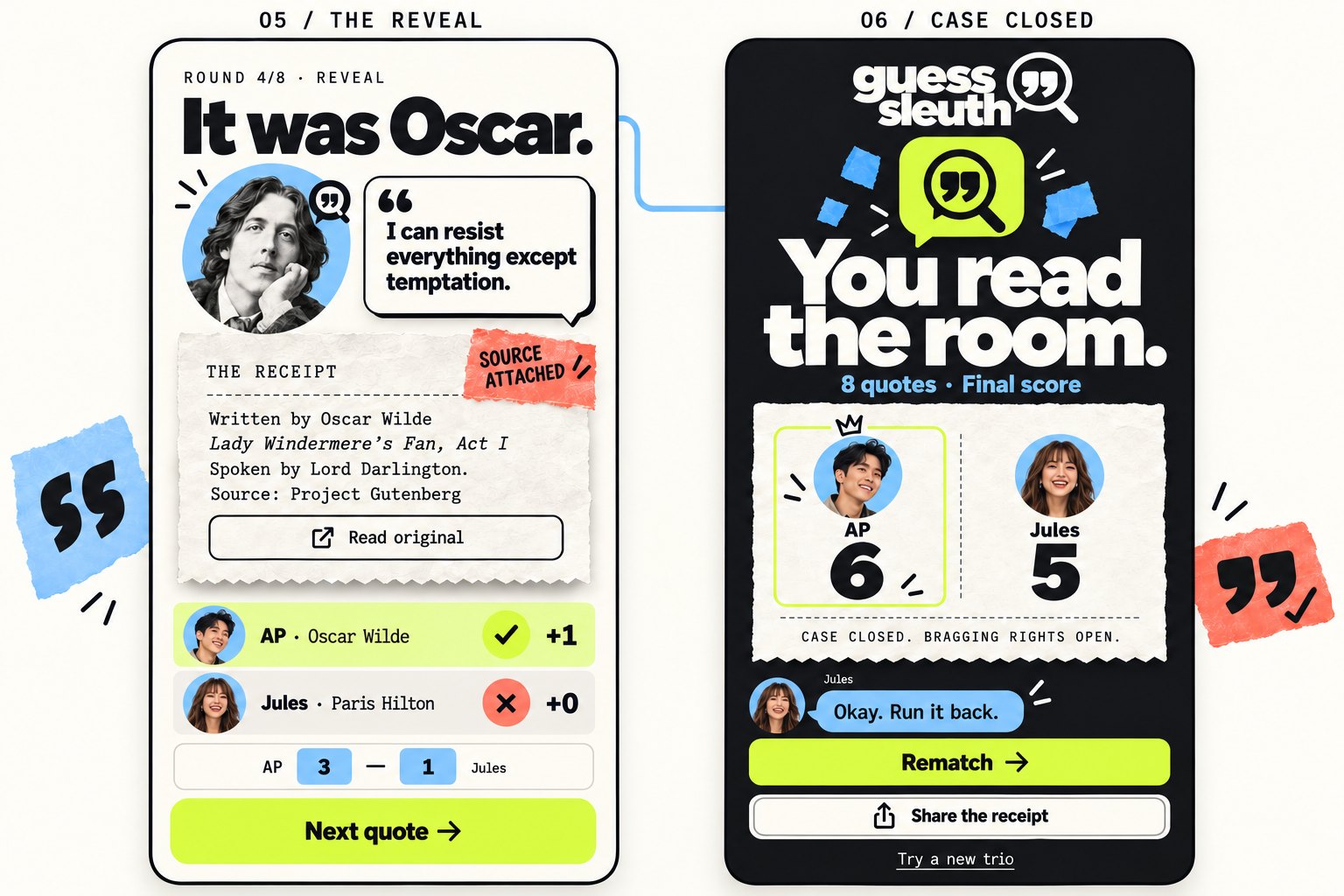 Proposed screens: the reveal naming who really said it with a torn-paper source receipt and everyone's guesses, and a final results leaderboard with rematch and share.