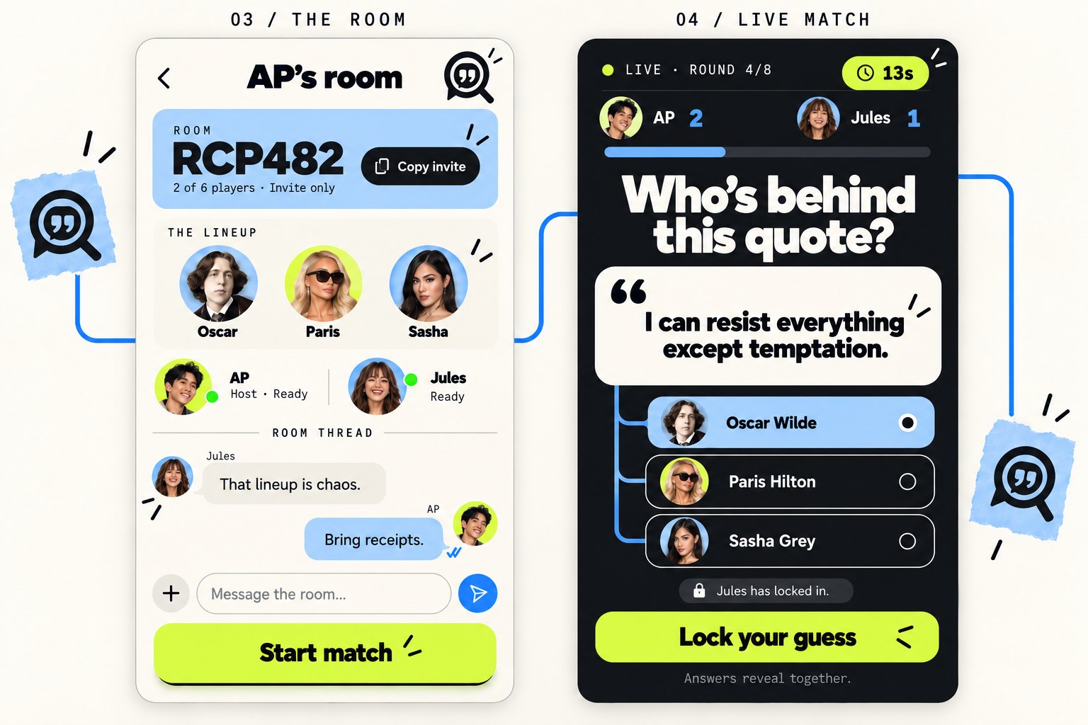 Proposed screens: a room lobby with invite code, lineup, ready players and a chat thread, and a live question with three suspect choices, a timer and a Lock your guess button.