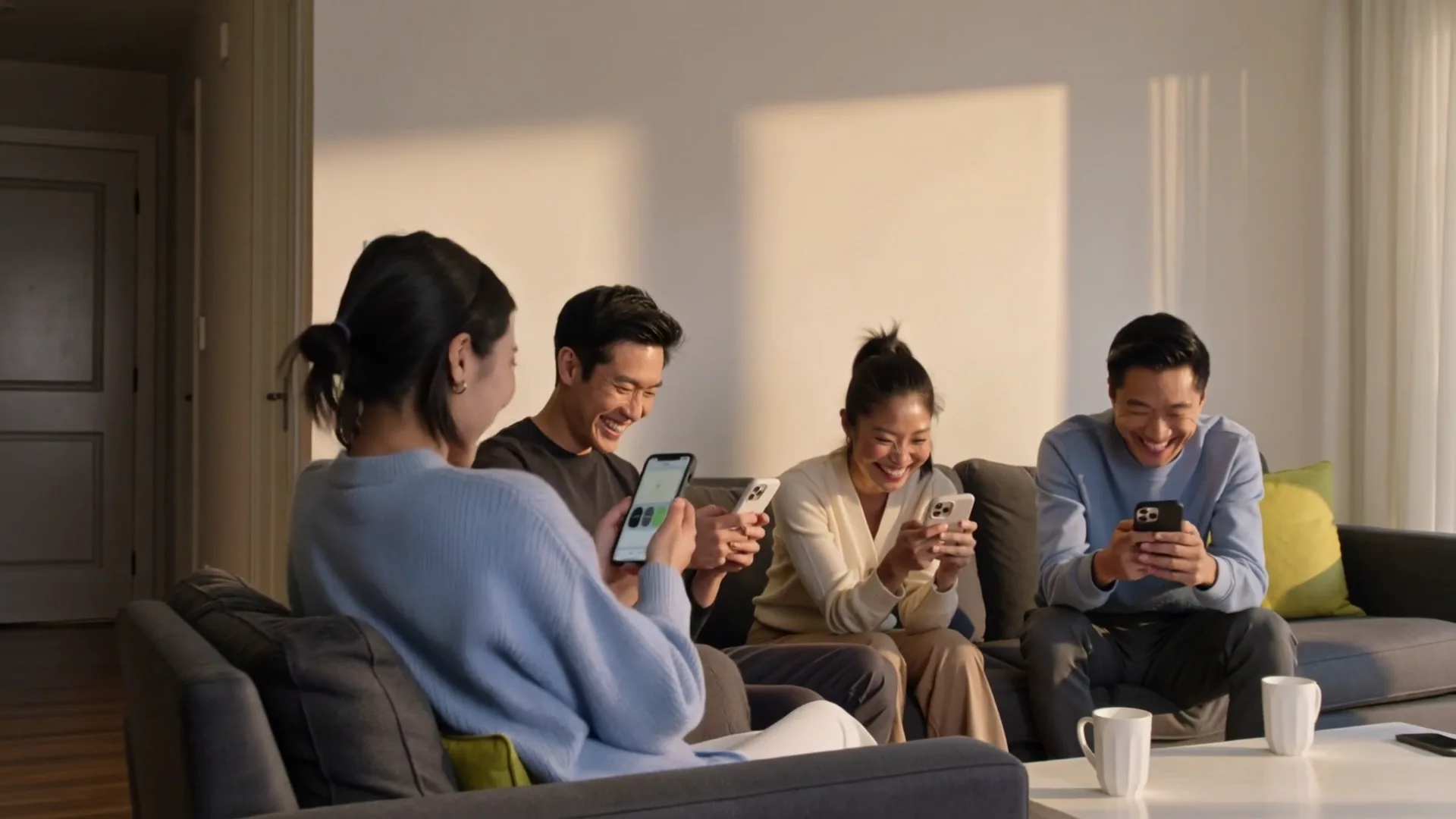 Four friends laughing on a grey sofa in a sunlit living room, each looking at their own phone.